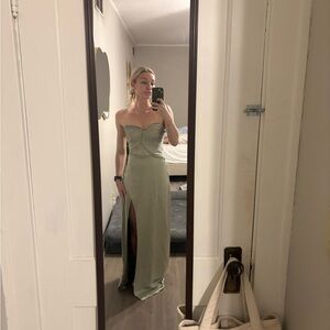 Meshki Strapless Sage Green Maxi Gown with Side Slit